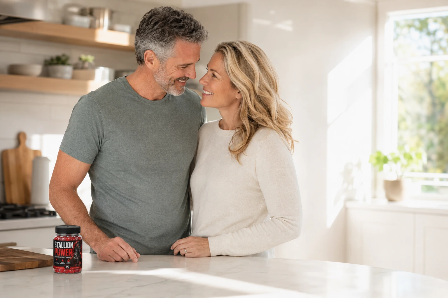 Couple in kitchen with Stallion Power gummies