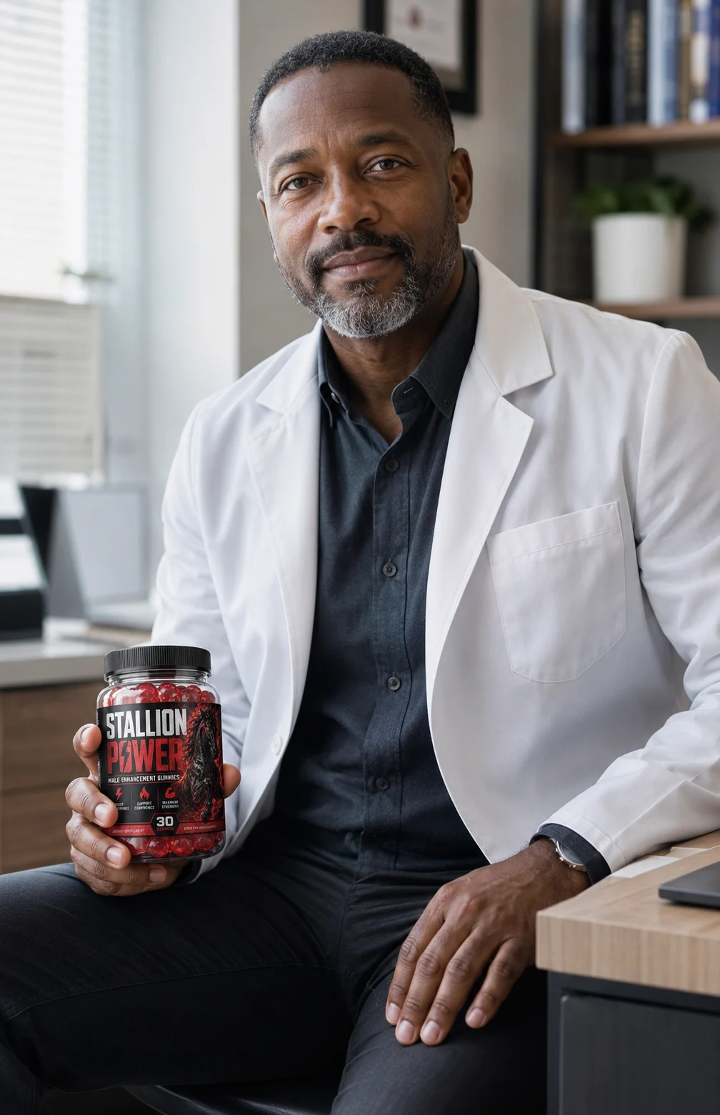 Doctor holding a bottle of Stallion Power male enhancement gummies
